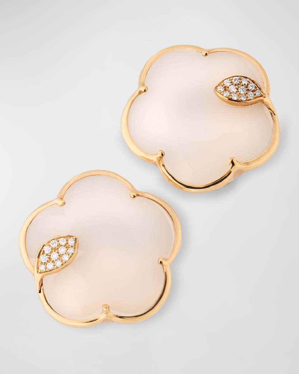 18K Red Gold Milky Quartz and Pave Diamond Flower Earrings